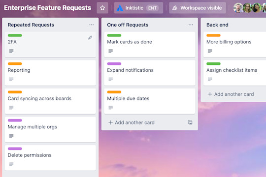 An example image of how a Trello board can help teams keep track of feature requests.