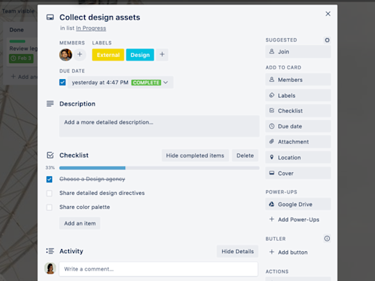 An image showing examples of marking items as Done on a Trello card