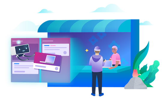 A person is handing a laptop to a new employee while another person is checking something off a clipboard