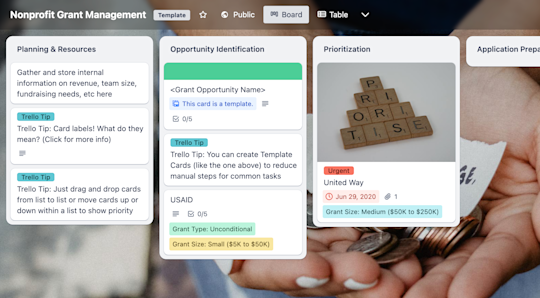 An image showing the Nonprofit Grant Management Trello board.
